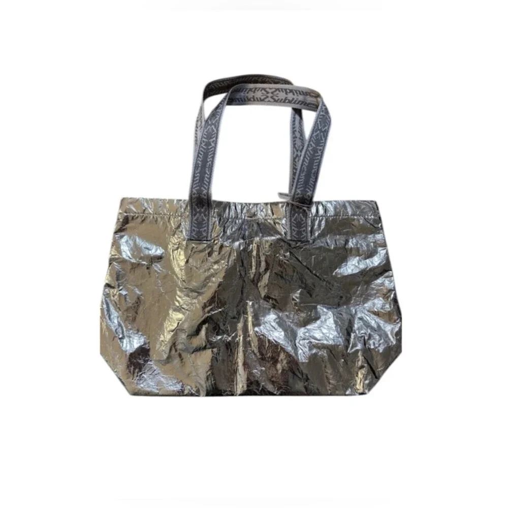 Tory Burch Metallic Silver Sublime Tote Bag with Patterned Straps